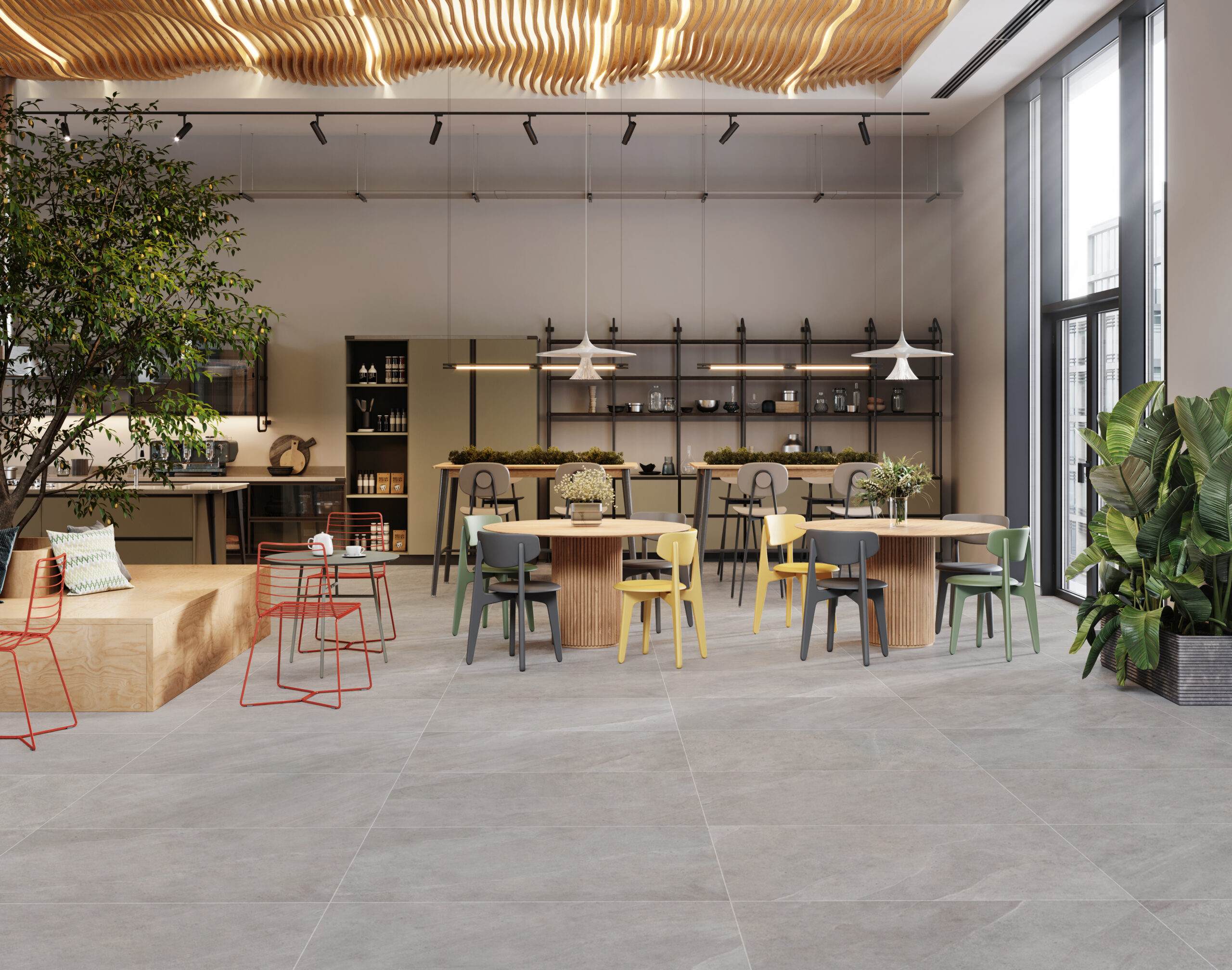 Interior of modern office cafe with multicolored tables and chairs. 3d rendering of modern office cafeteria.